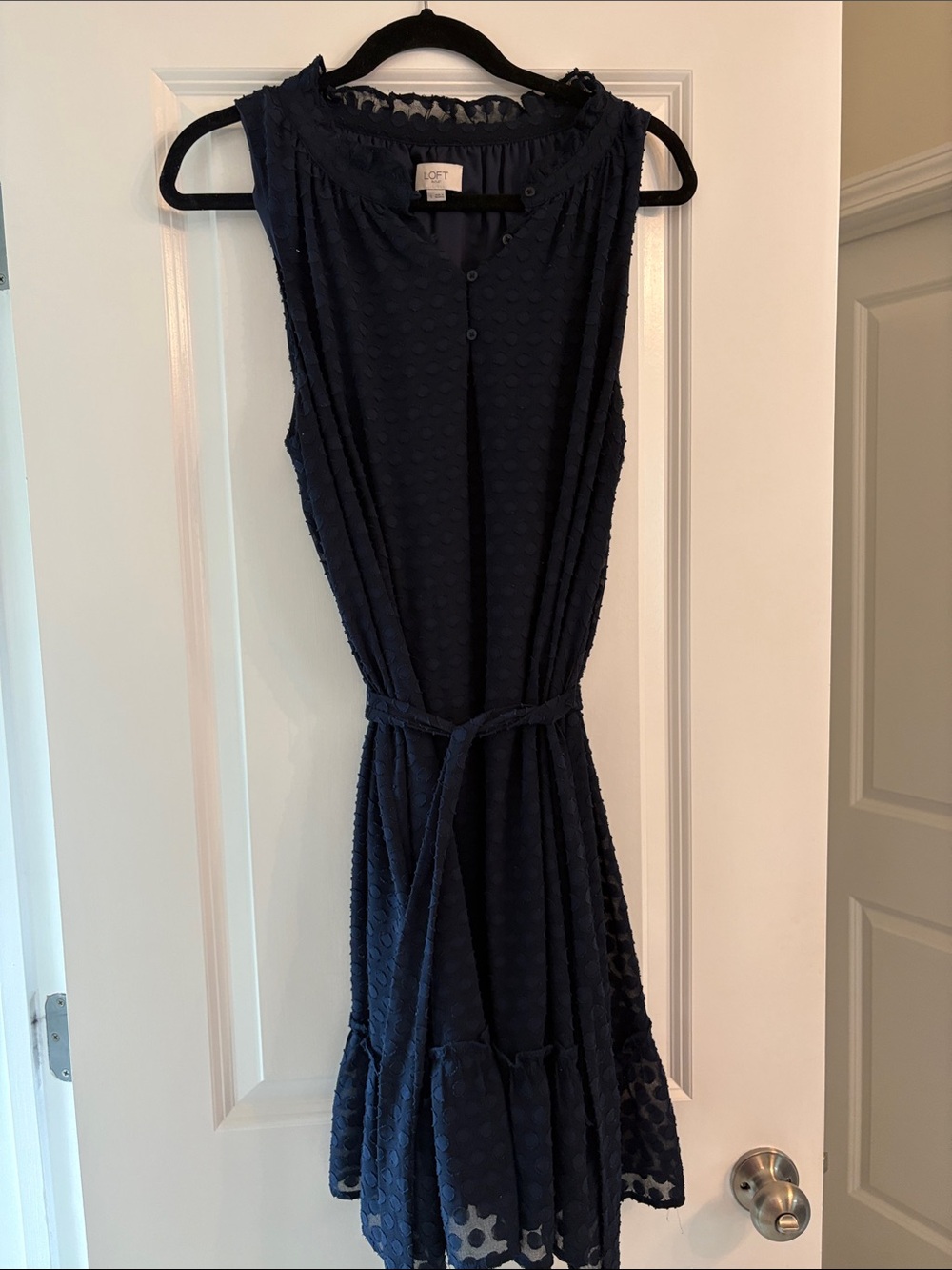 LOFT Navy Swiss Dot Sleeveless Belted Midi Dress